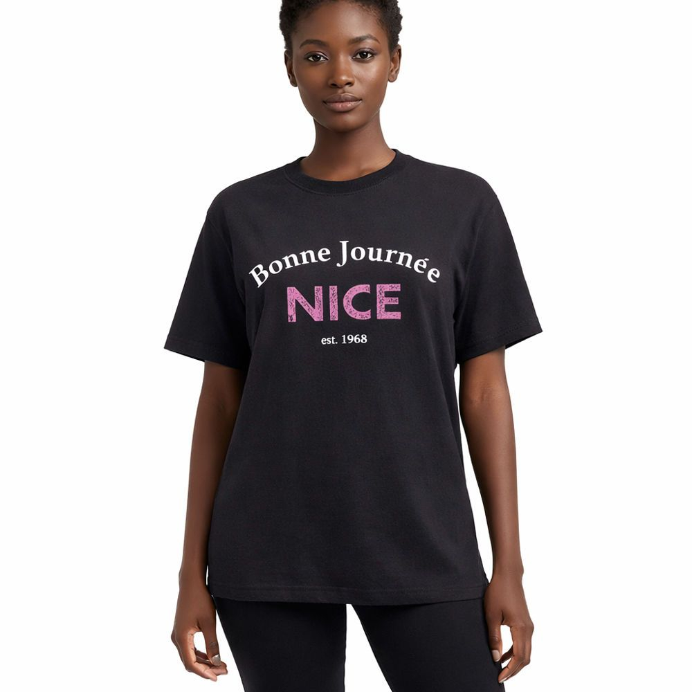 Black Short Sleeve Graphic TShirt with Front Text Print